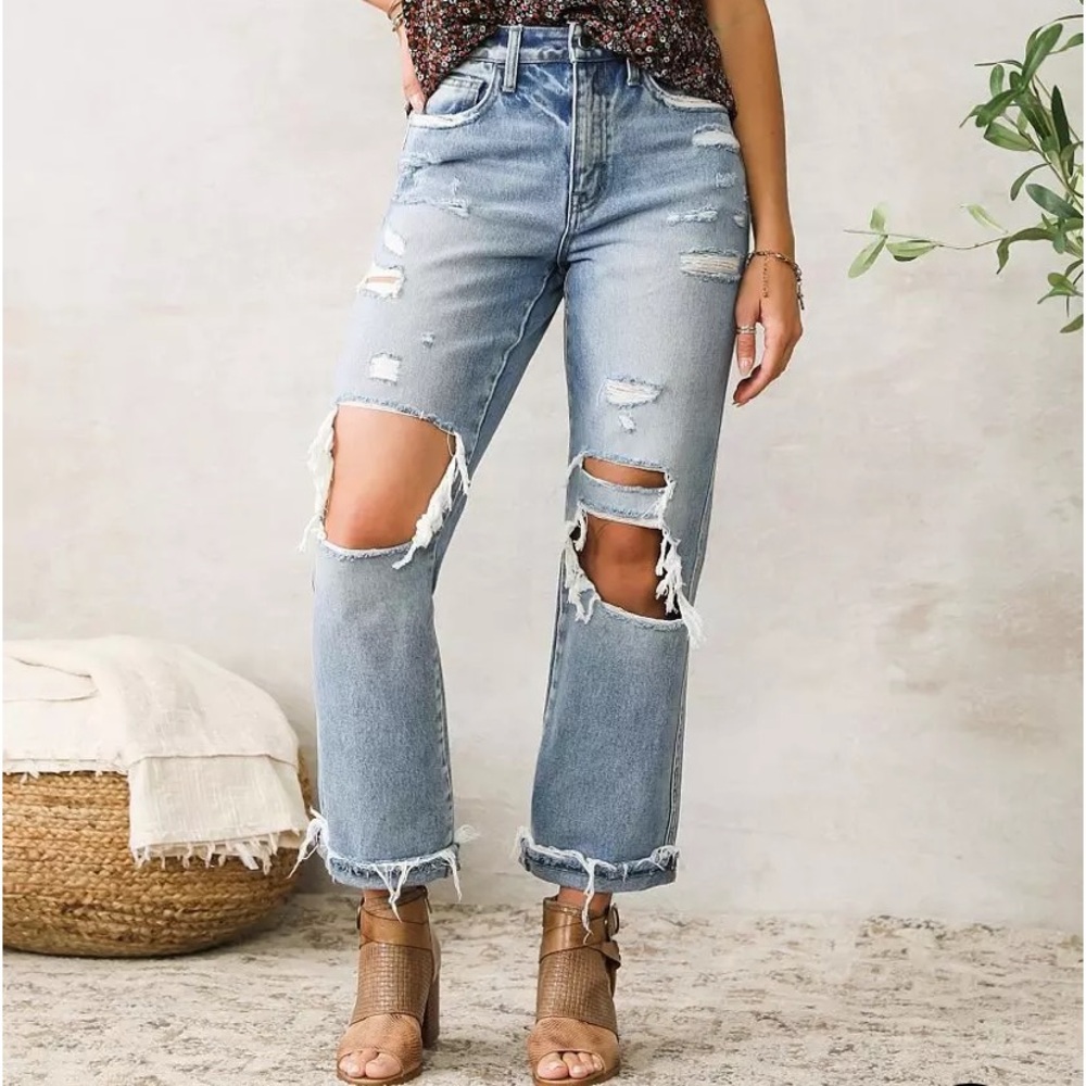 Flying Monkey Light Blue Distressed Straight Leg Jeans